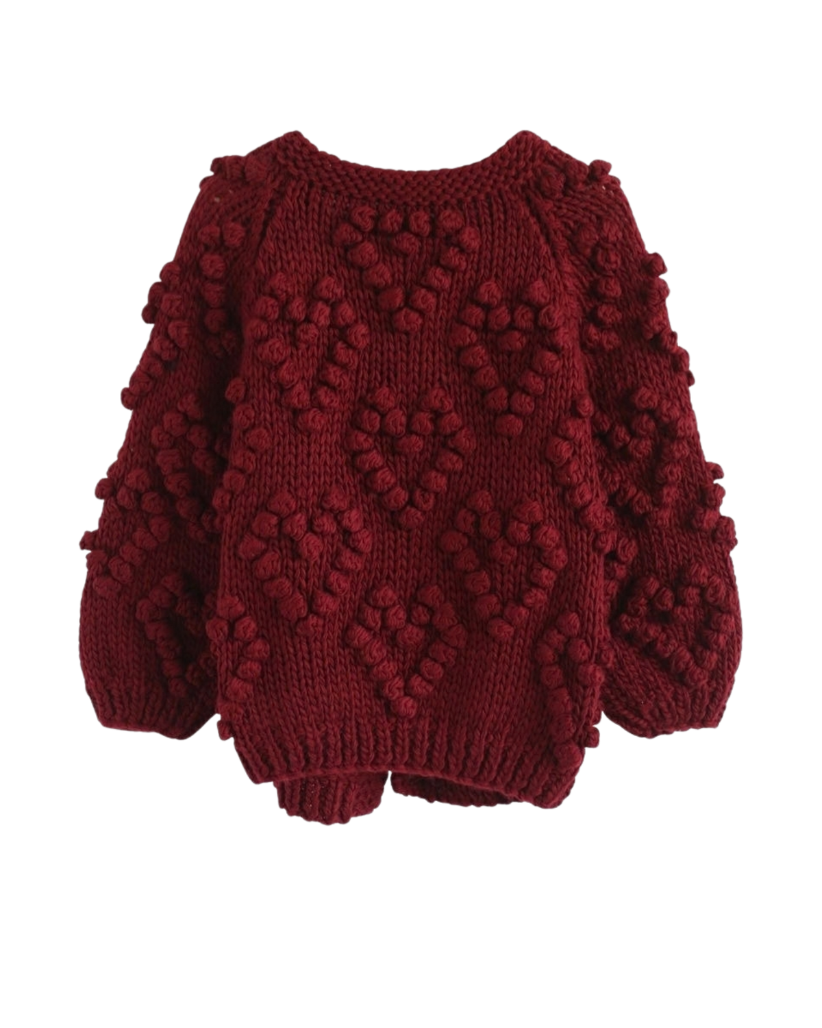 Women's Burgundy Heart Pattern Bobble Crochet Cardigan