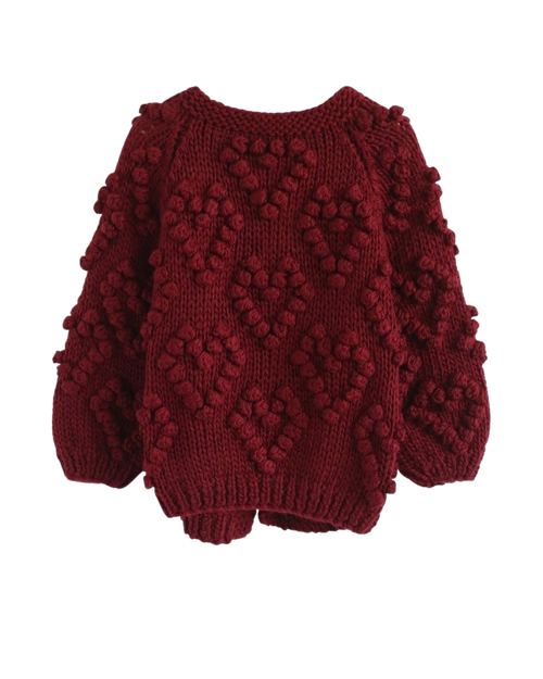 Women's Burgundy Heart Pattern Bobble Crochet Cardigan
