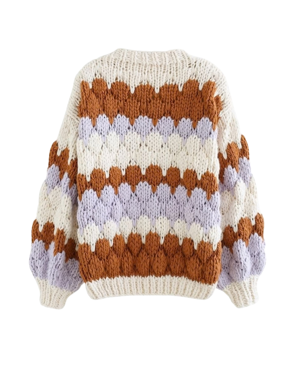 Women's Cream, Rust and Lavender Striped Crochet V-Neck Button Cardigan