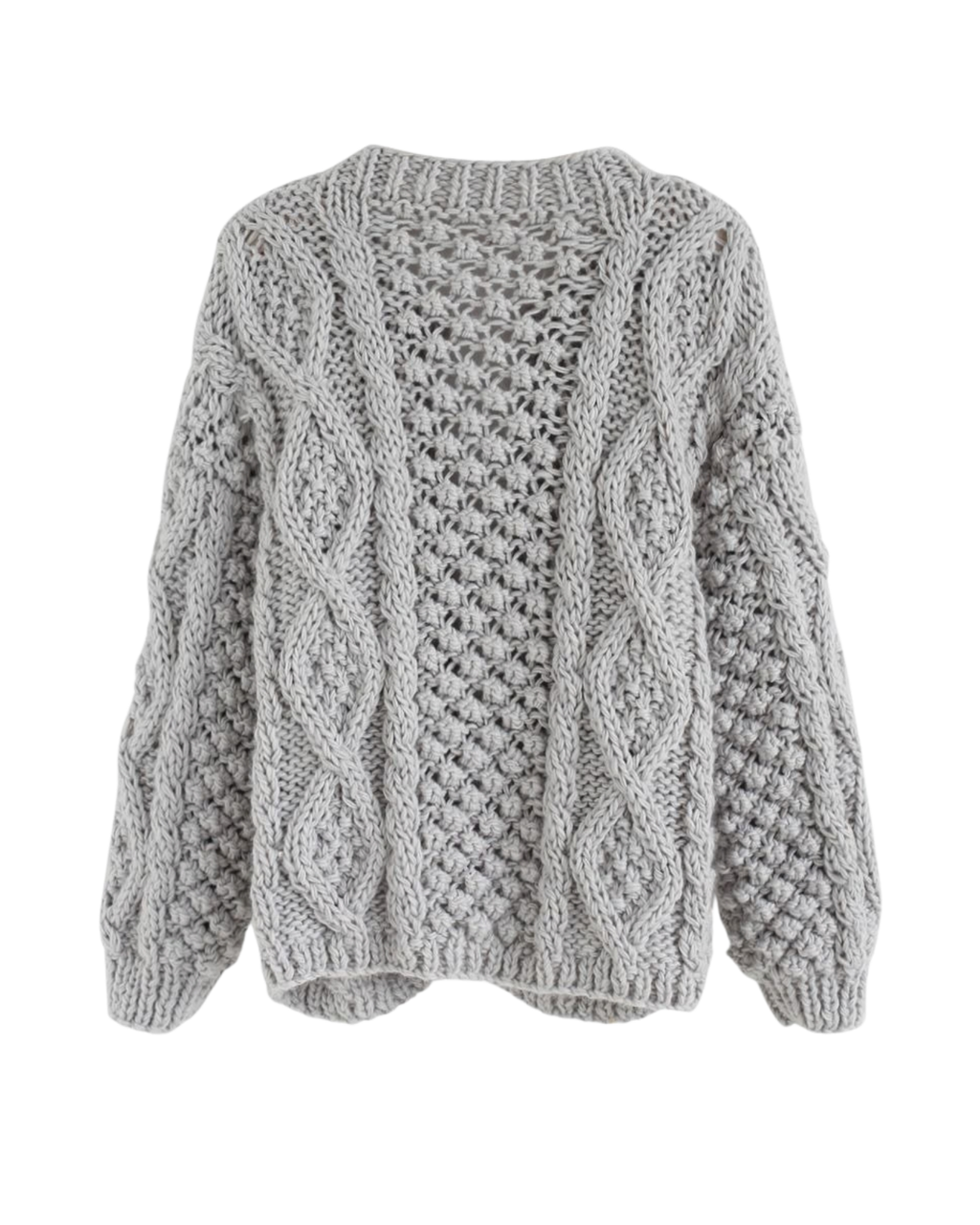 Women's Grey Cable and Popcorn Crochet Open-Front Cardigan