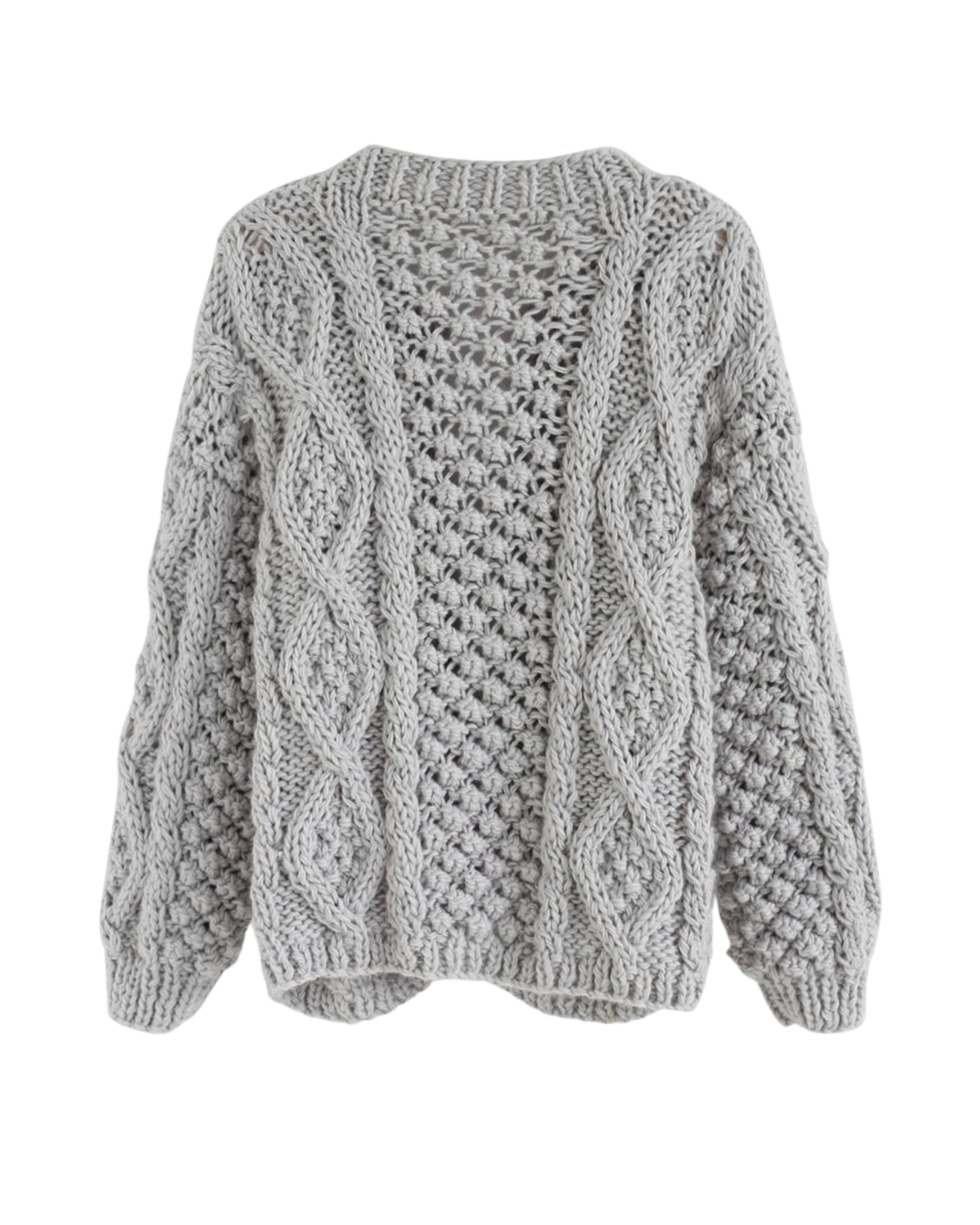 Women's Grey Cable and Popcorn Crochet Open-Front Cardigan