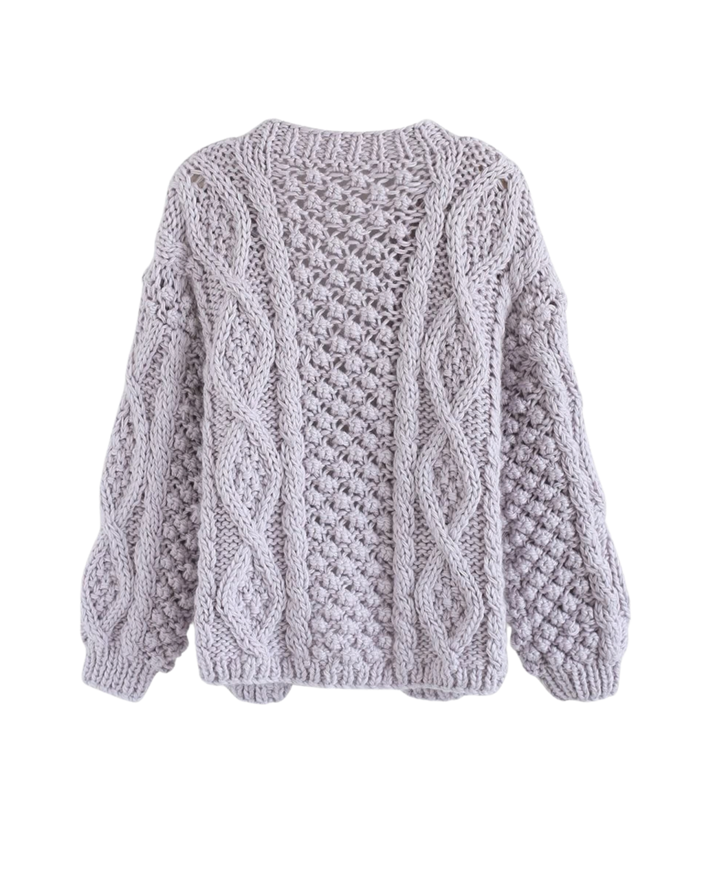 Women's Lilac Cable and Popcorn Crochet Open-Front Cardigan