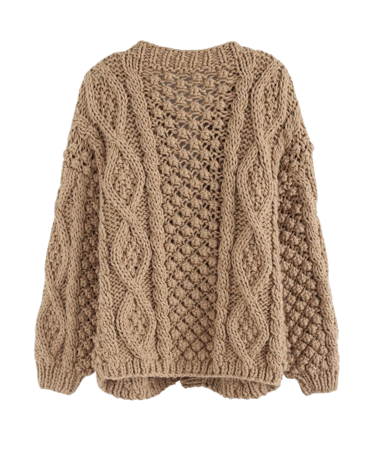 Women's Camel Cable and Popcorn Crochet Open-Front Cardigan
