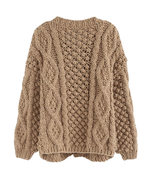 Women's Camel Cable and Popcorn Crochet Open-Front Cardigan