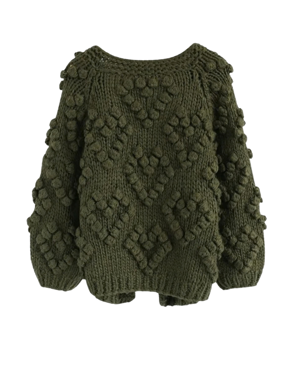 Women's Olive Green Heart Pattern Bobble Crochet Cardigan