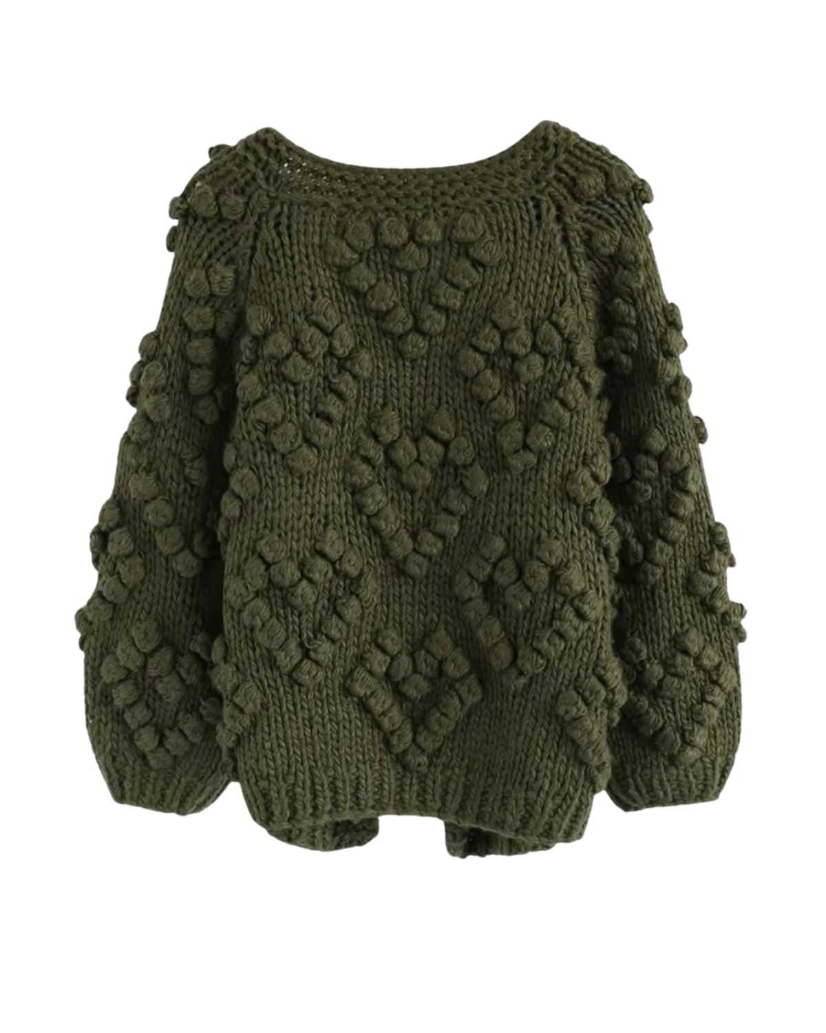 Women's Olive Green Heart Pattern Bobble Crochet Cardigan