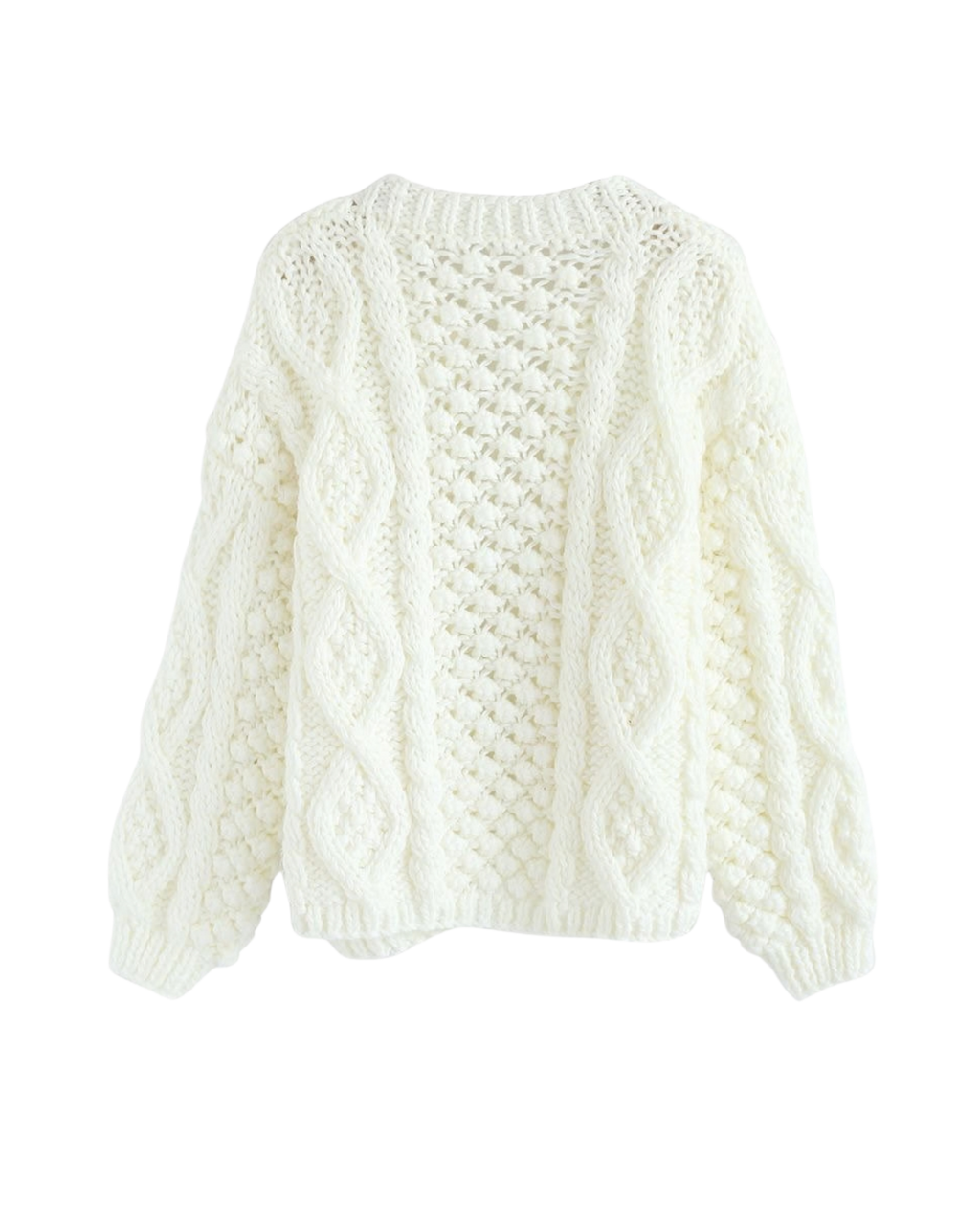 Women's White Cable and Popcorn Crochet Open-Front Cardigan