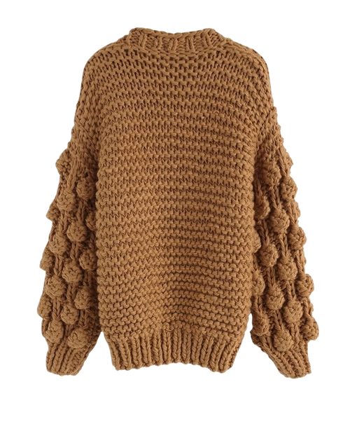 Women's Camel Bobble Sleeve Chunky Crochet Cardigan