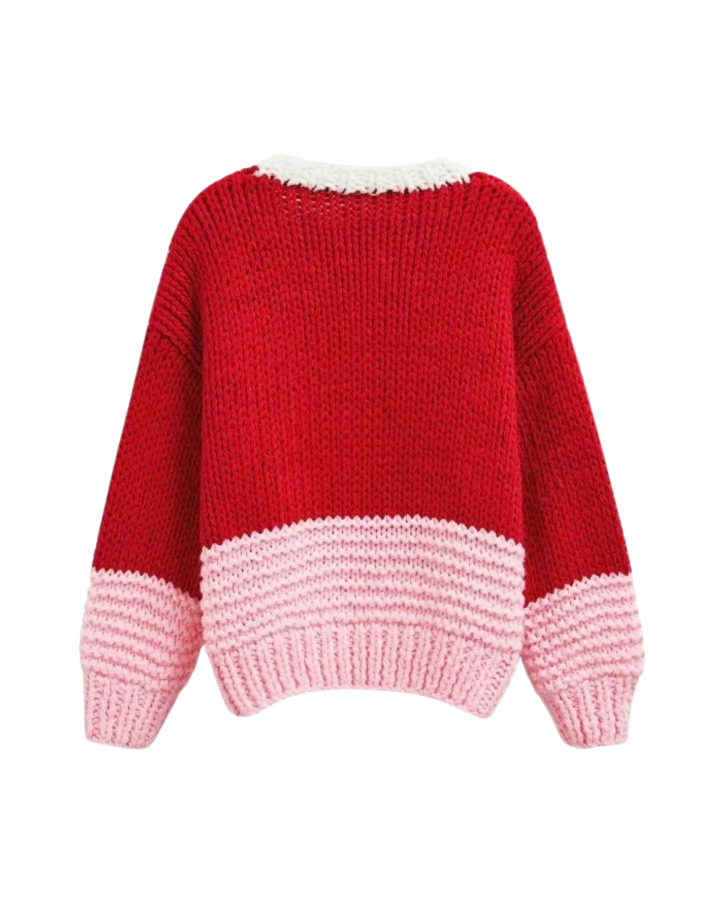 Women's Red and Pink Colorblock V-Neck Chunky Crochet Cardigan with Pockets