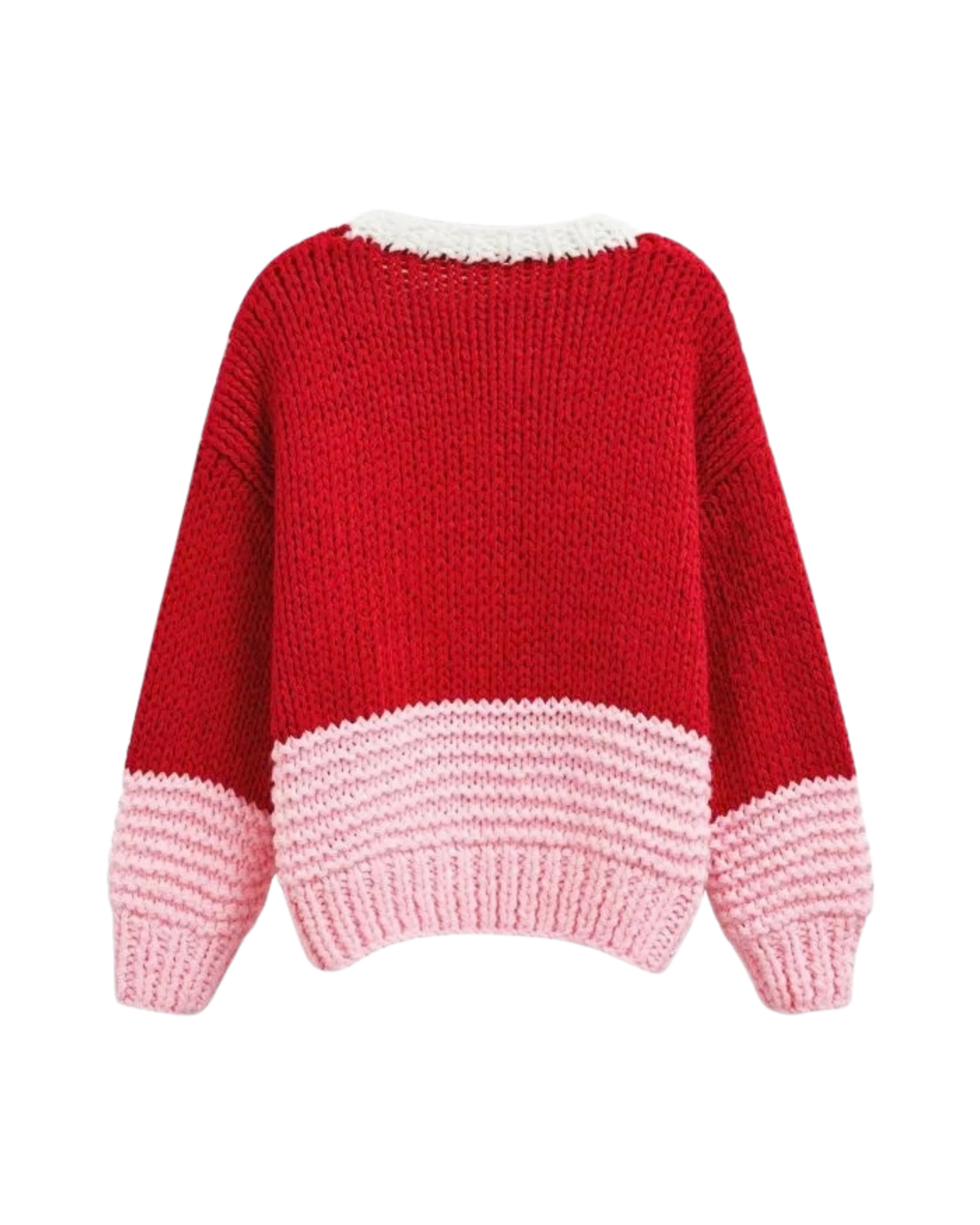Women's Red and Pink Colorblock V-Neck Chunky Crochet Cardigan with Pockets