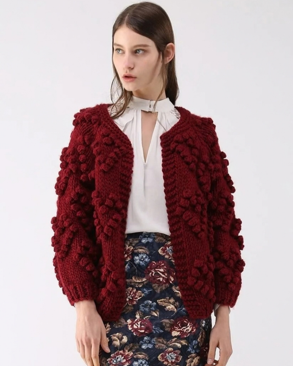 Women's Burgundy Heart Pattern Bobble Crochet Cardigan