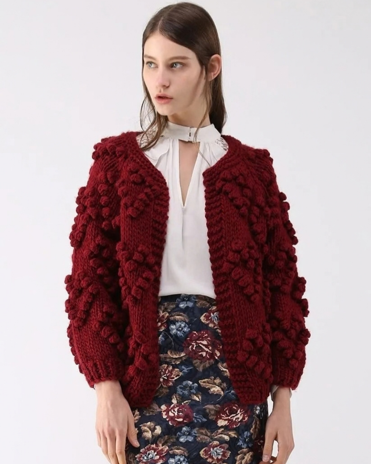 Women's Burgundy Heart Pattern Bobble Crochet Cardigan