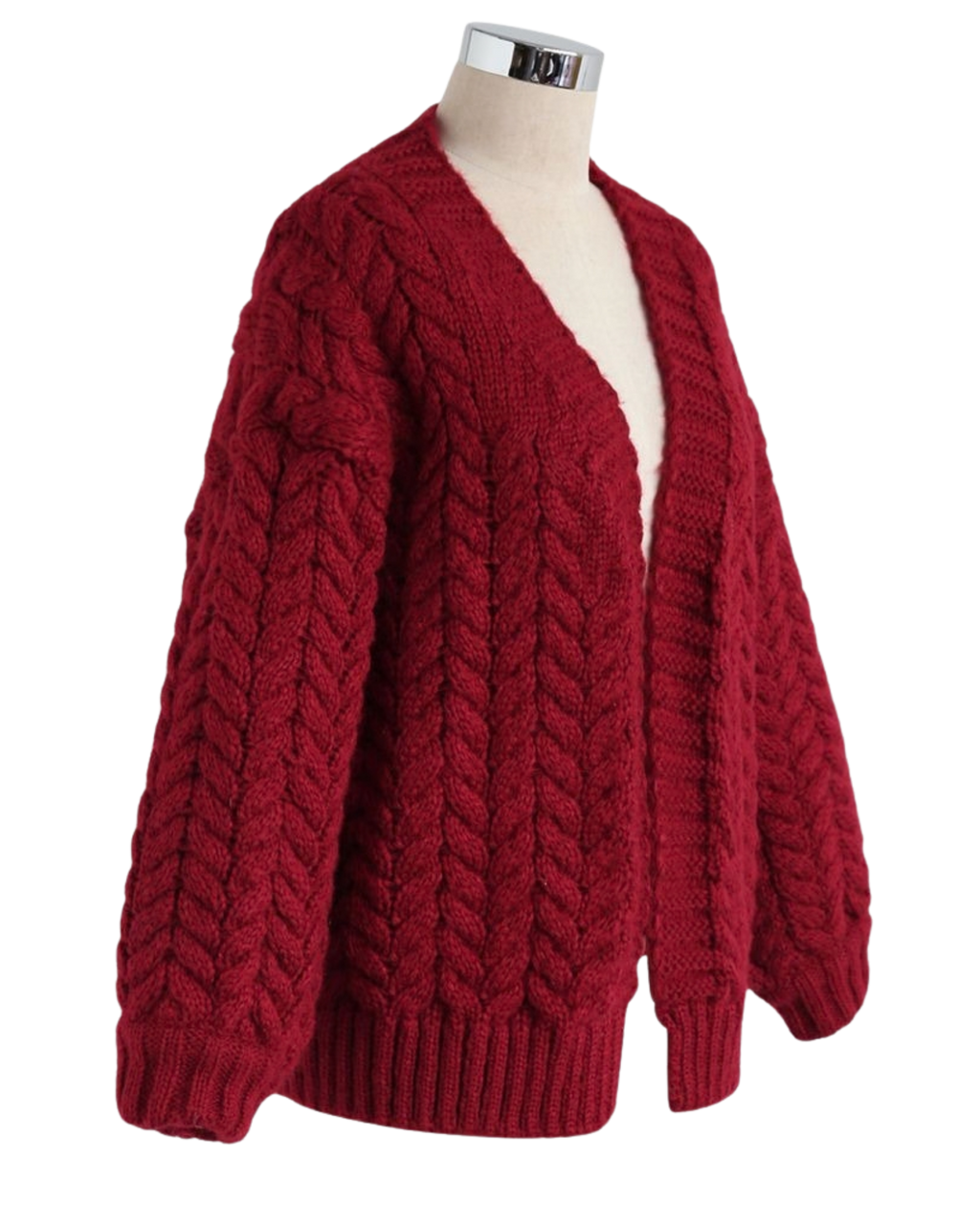 Women's Burgundy Cable Crochet Open-Front Cardigan
