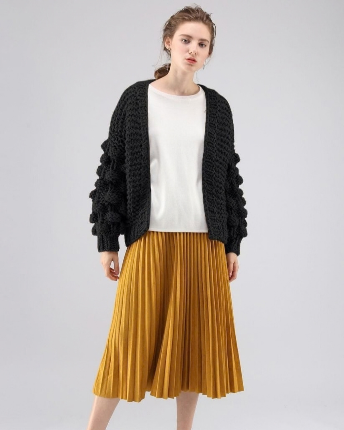 Women's Black Bobble Sleeve Chunky Crochet Cardigan
