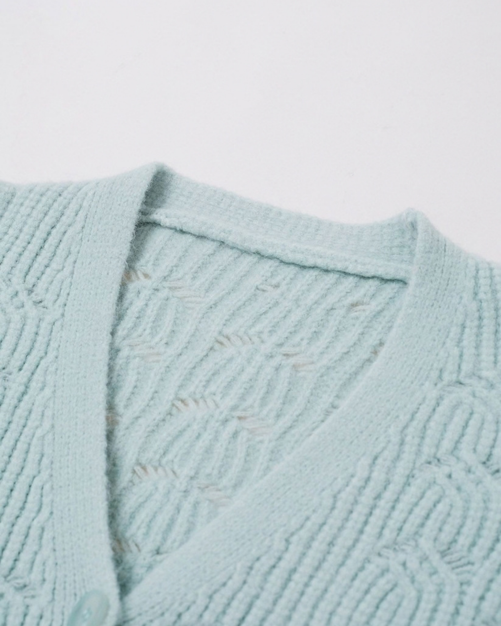 Women's Mint Green Pointelle Crochet V-Neck Cardigan with Pockets