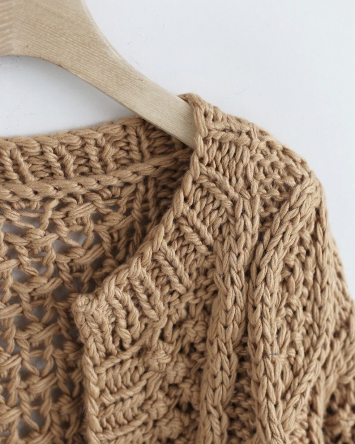 Women's Camel Cable and Popcorn Crochet Open-Front Cardigan