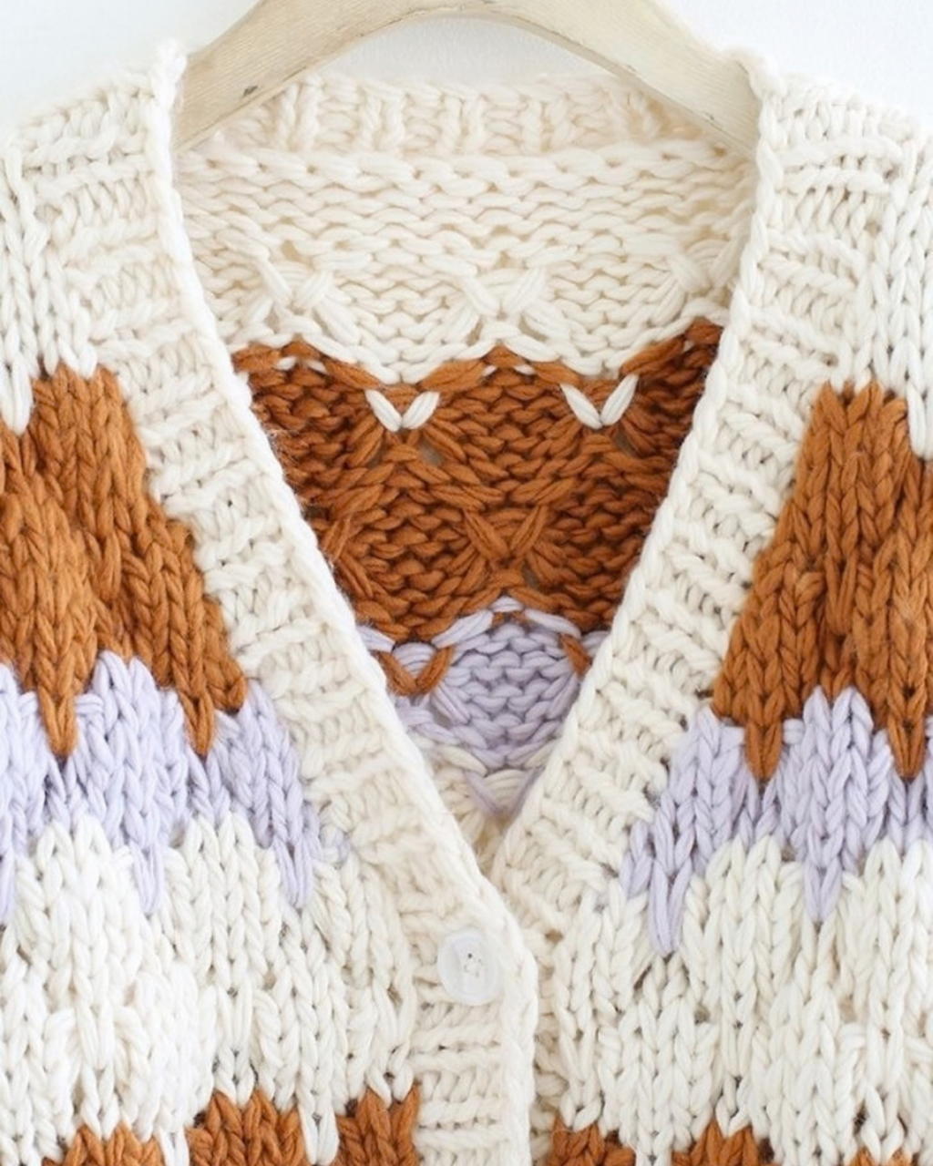 Women's Cream, Rust and Lavender Striped Crochet V-Neck Button Cardigan