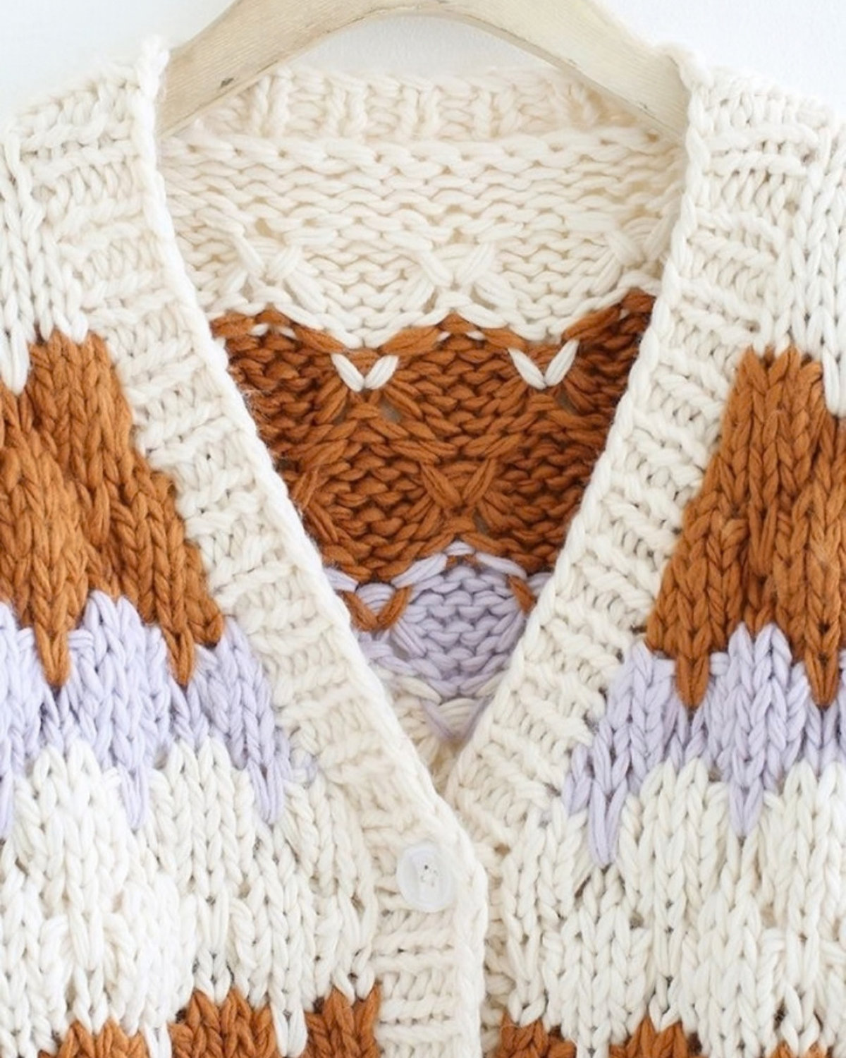 Women's Cream, Rust and Lavender Striped Crochet V-Neck Button Cardigan