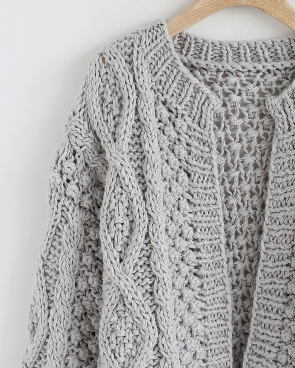 Women's Grey Cable and Popcorn Crochet Open-Front Cardigan