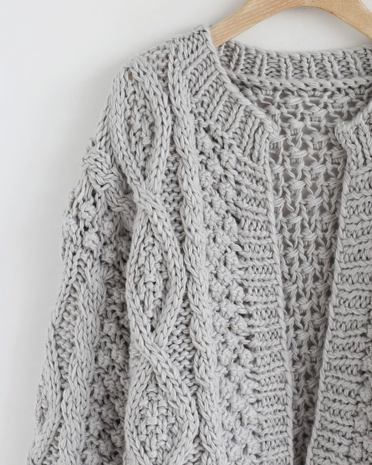 Women's Grey Cable and Popcorn Crochet Open-Front Cardigan