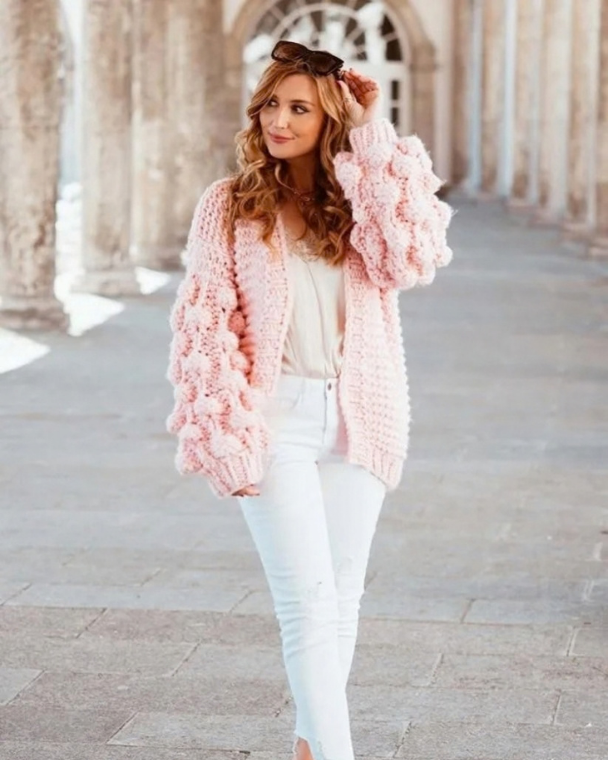 Women's Light Pink Bobble Sleeve Chunky Crochet Cardigan