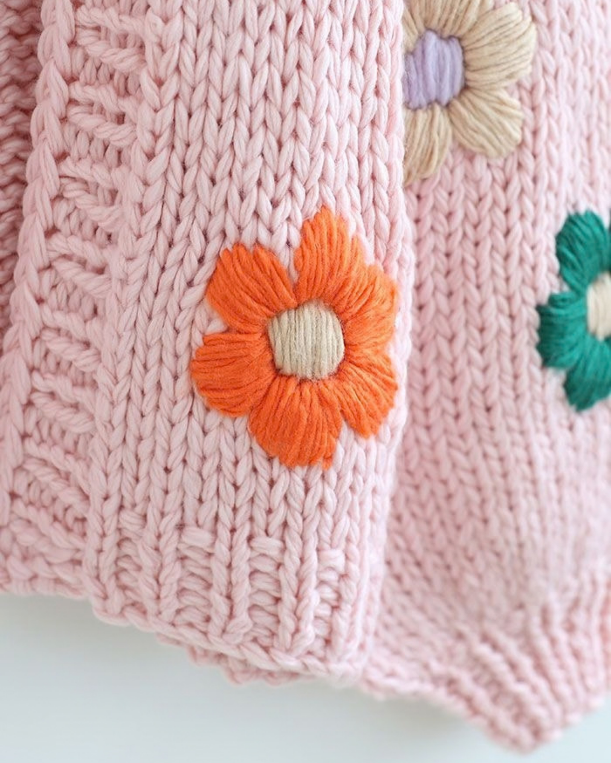Women's Pink Floral Appliqué Chunky Crochet Cardigan