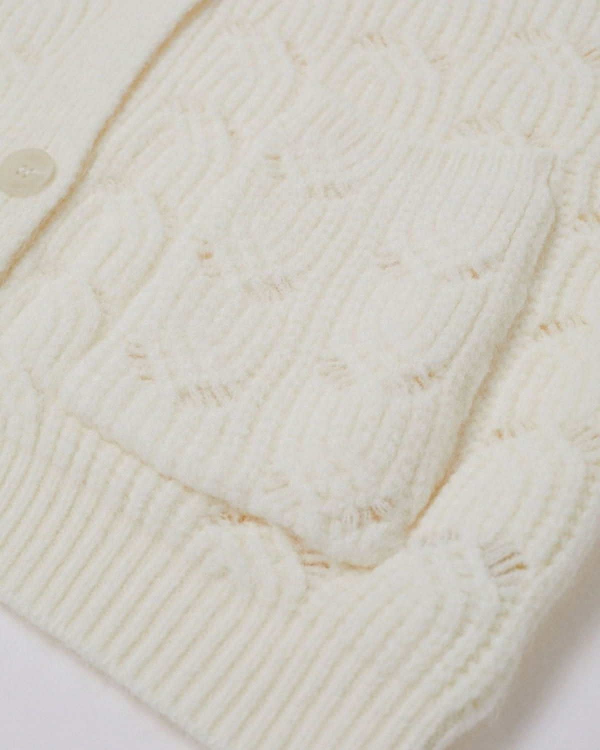 Women's Cream Fuzzy Crochet V-Neck Button Cardigan with Pockets