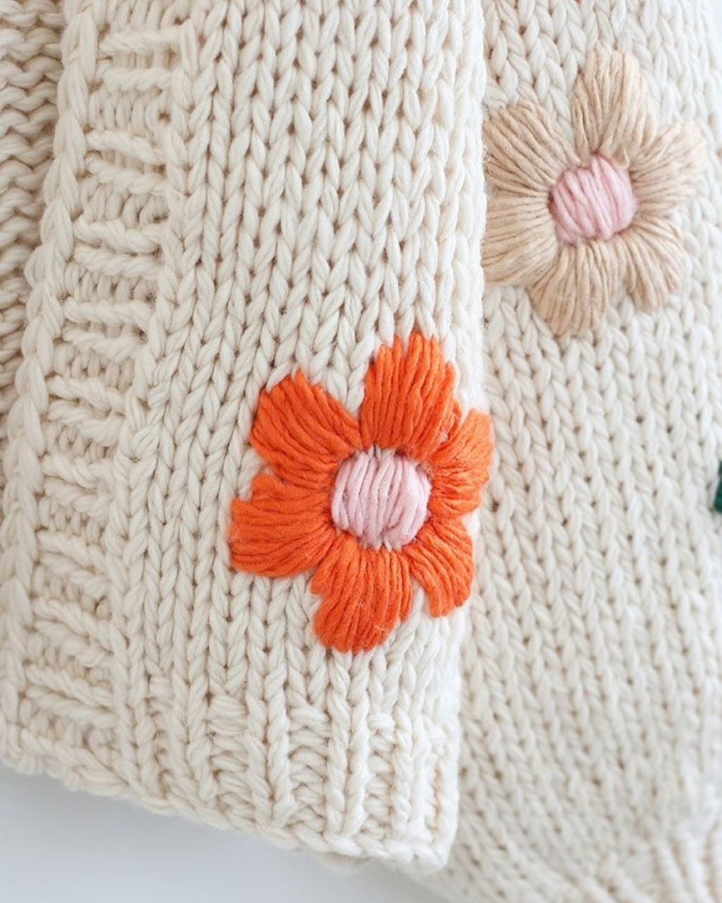 Women's Cream Floral Appliqué Chunky Crochet Cardigan