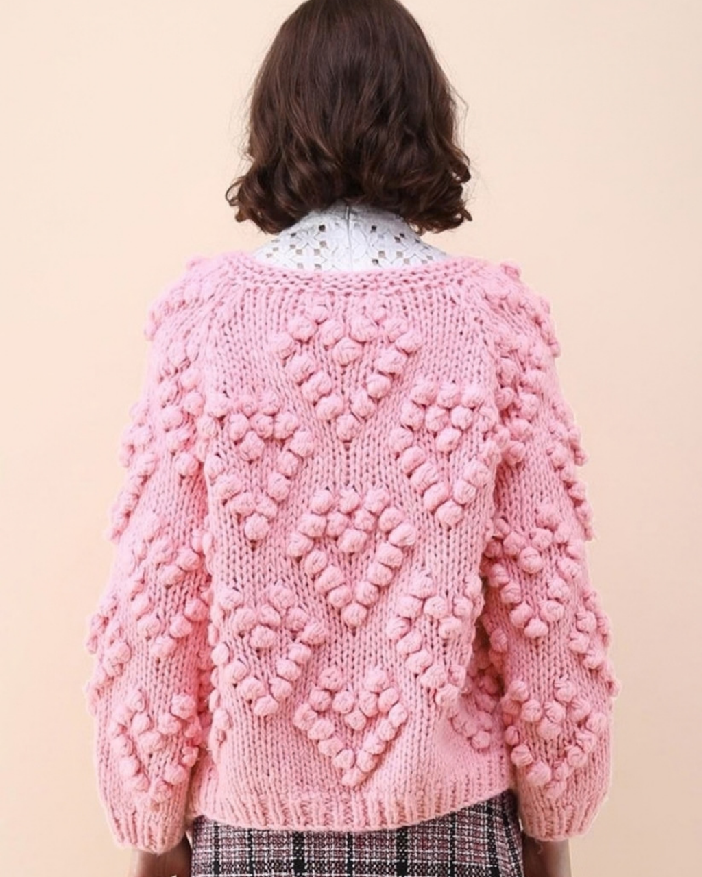 Women's Pink Heart Pattern Bobble Crochet Cardigan