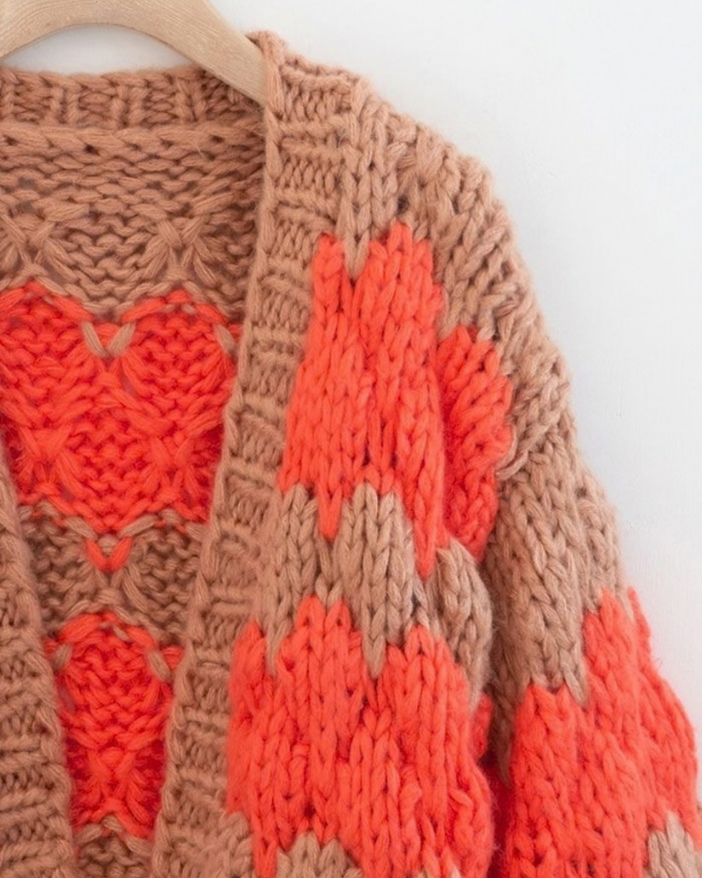 Women's Orange and Camel Heart Pattern Chunky Crochet Cardigan