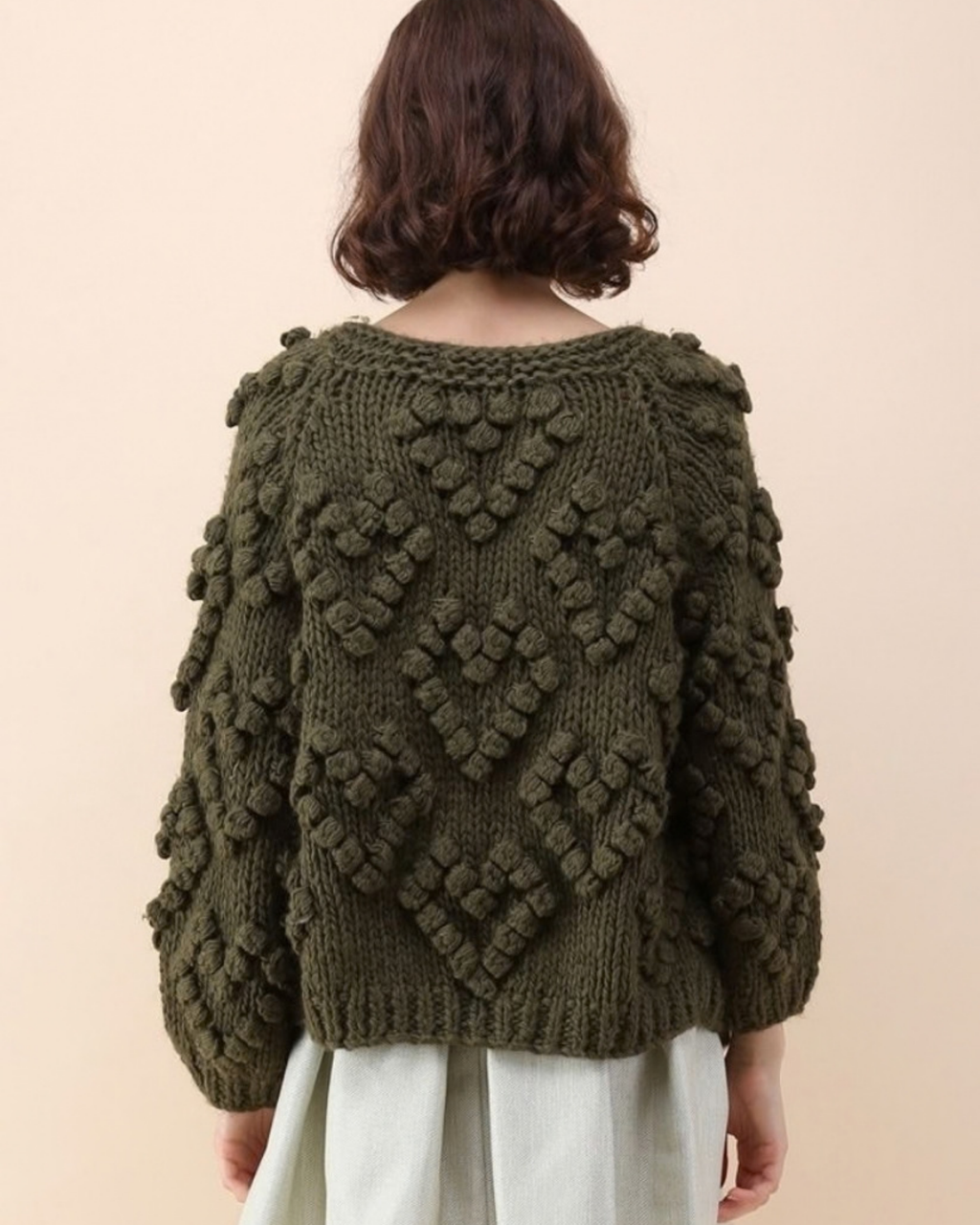 Women's Olive Green Heart Pattern Bobble Crochet Cardigan