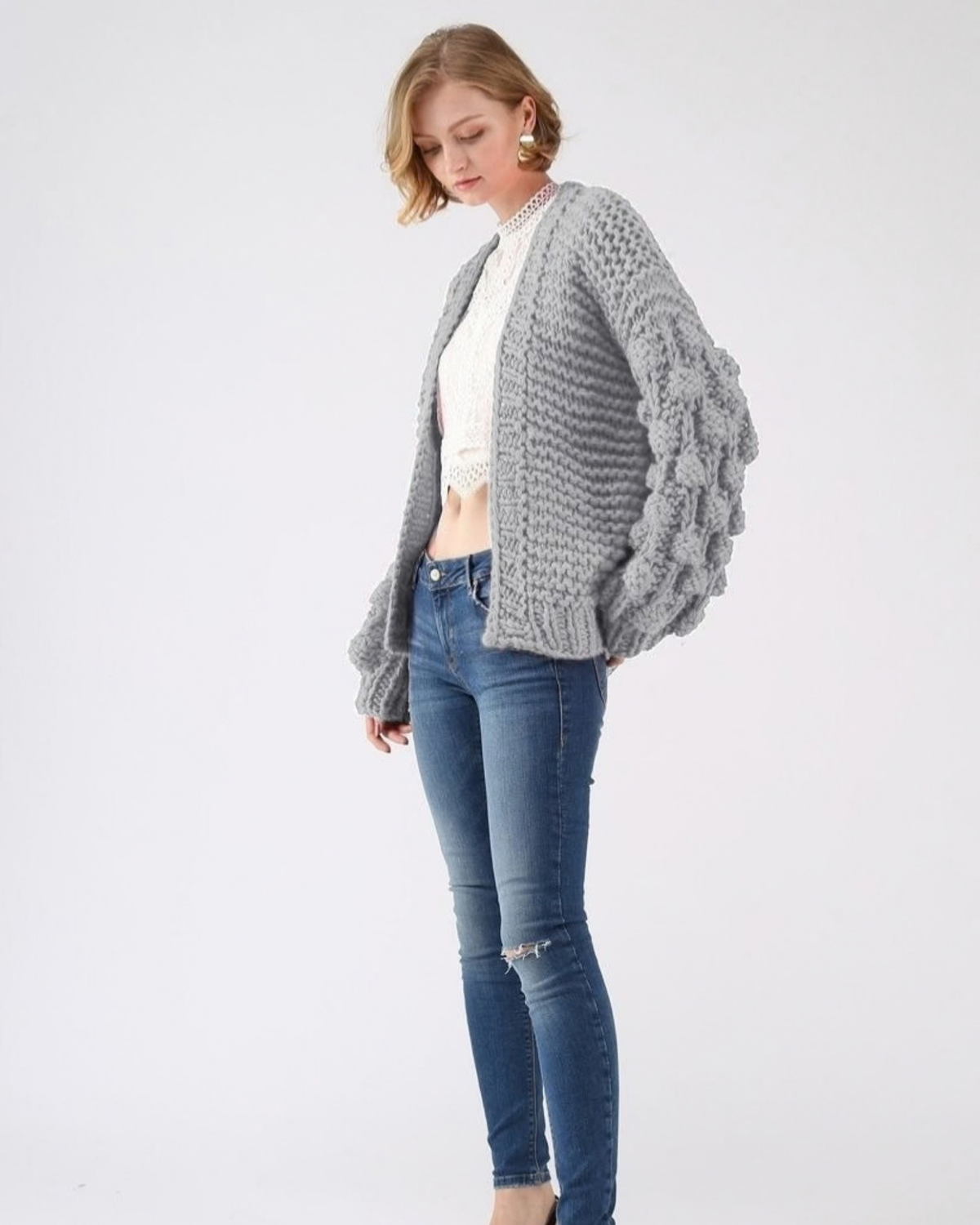 Women's Grey Bobble Sleeve Chunky Crochet Cardigan