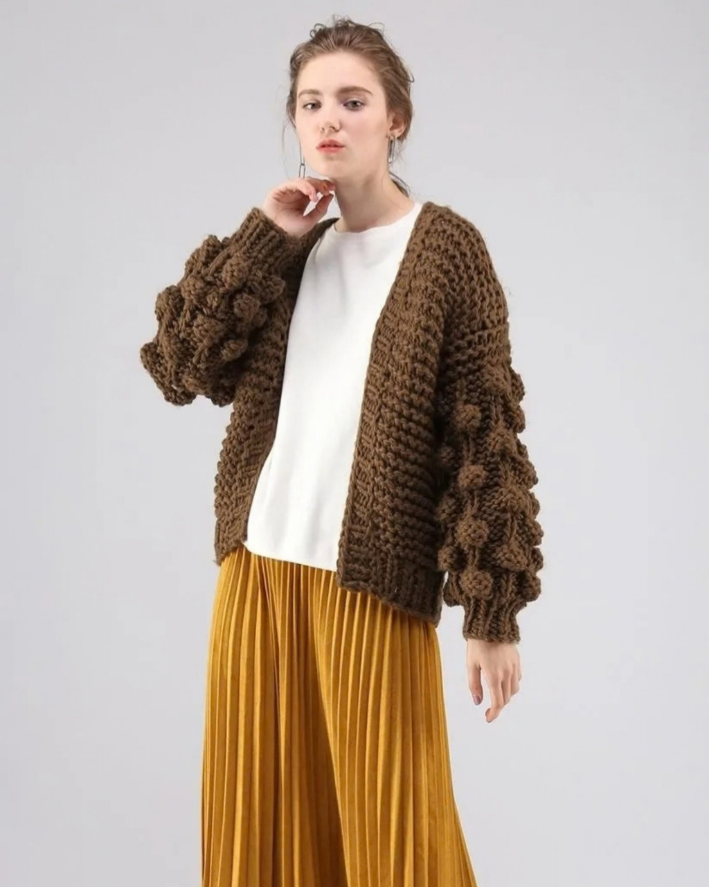 Women's Brown Bobble Sleeve Chunky Crochet Cardigan