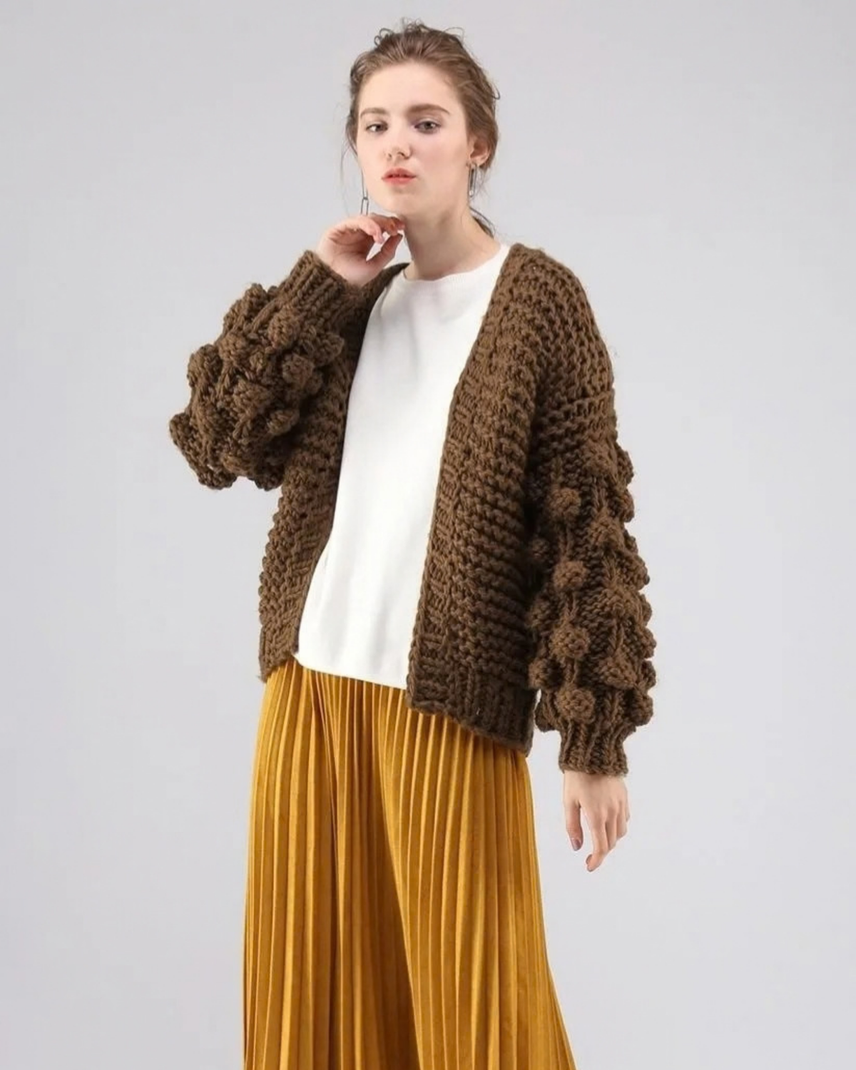 Women's Brown Bobble Sleeve Chunky Crochet Cardigan