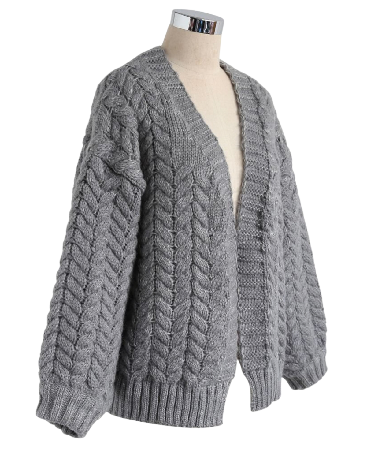 Women's Grey Cable Crochet Open-Front Cardigan