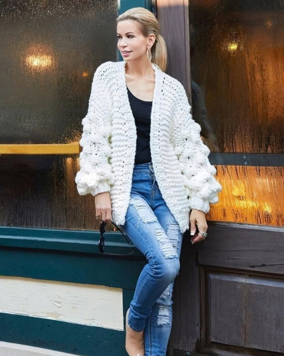 Women's Cream Bobble Sleeve Chunky Crochet Cardigan