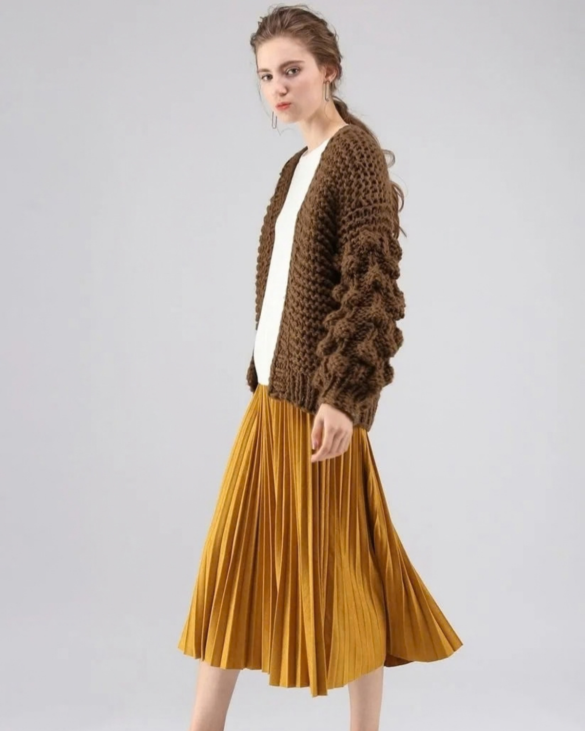 Women's Brown Bobble Sleeve Chunky Crochet Cardigan