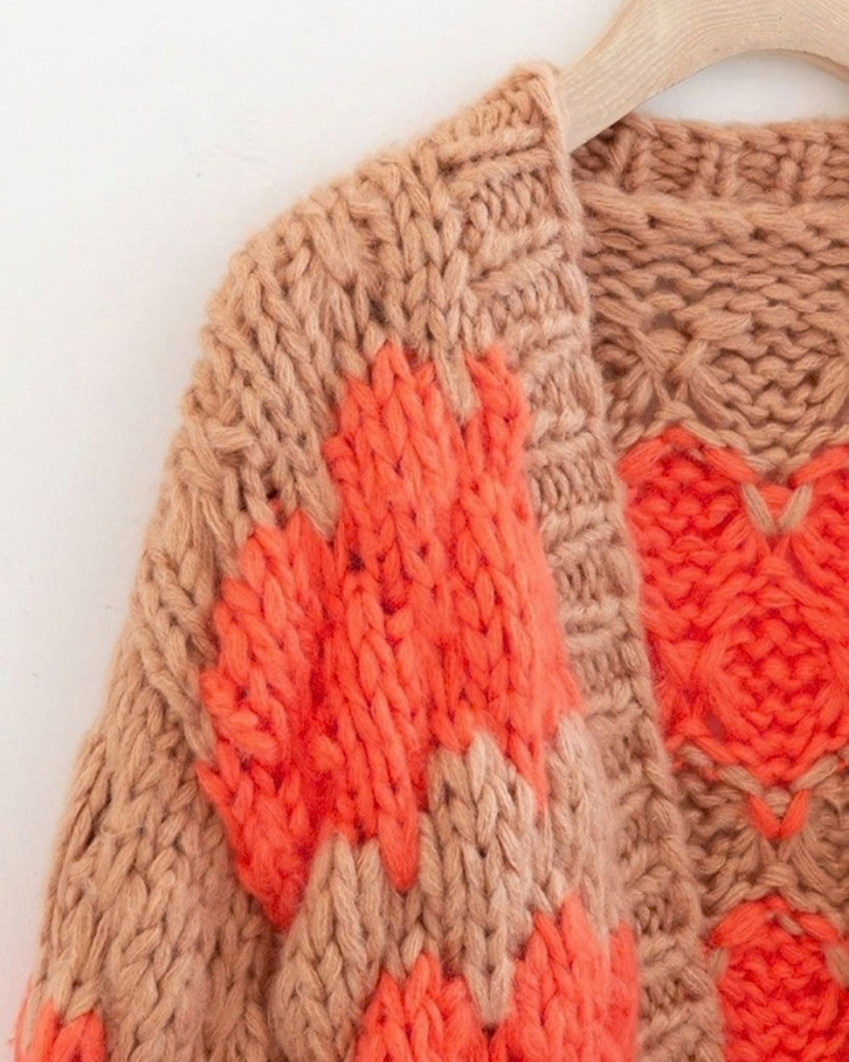 Women's Orange and Camel Heart Pattern Chunky Crochet Cardigan