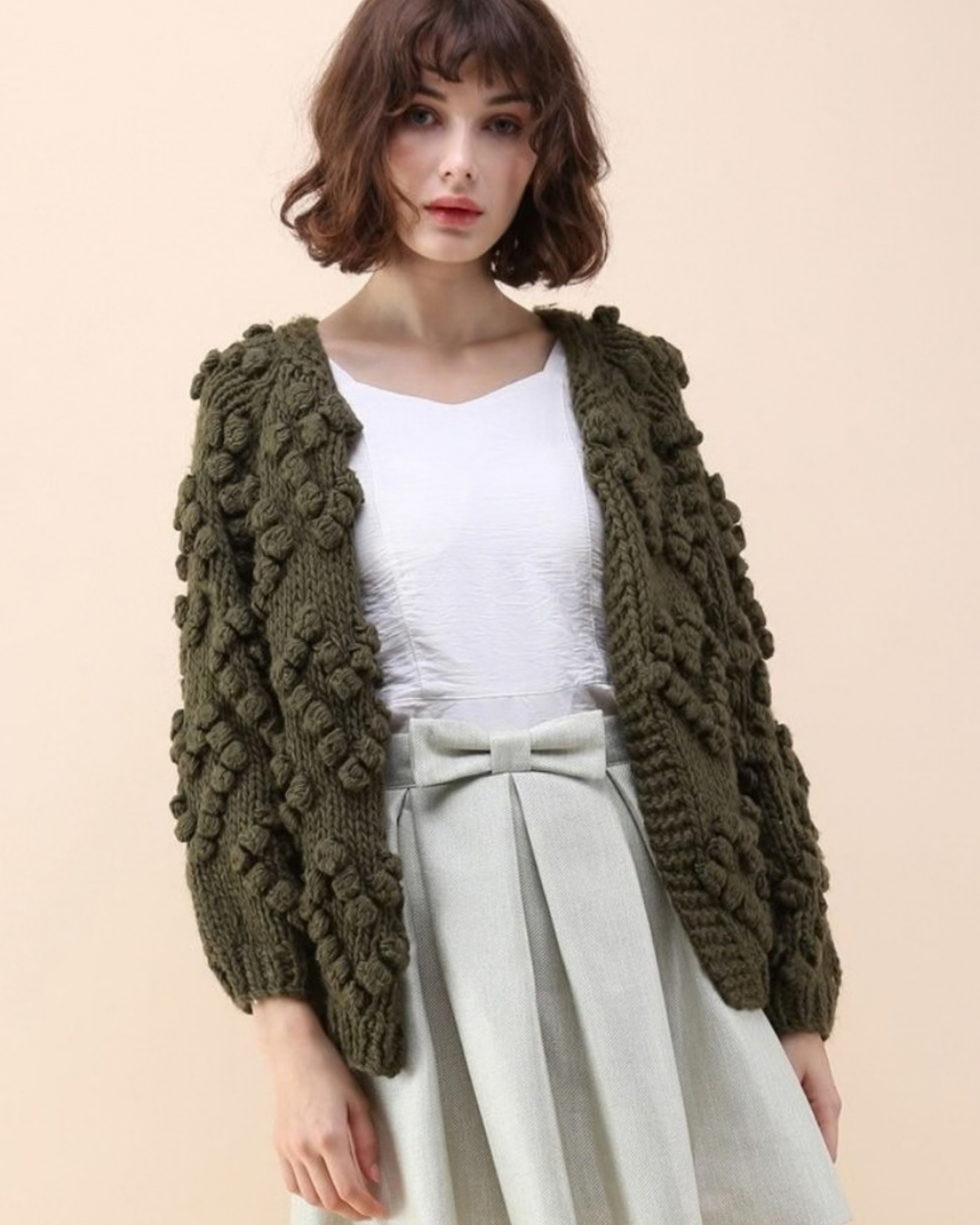 Women's Olive Green Heart Pattern Bobble Crochet Cardigan