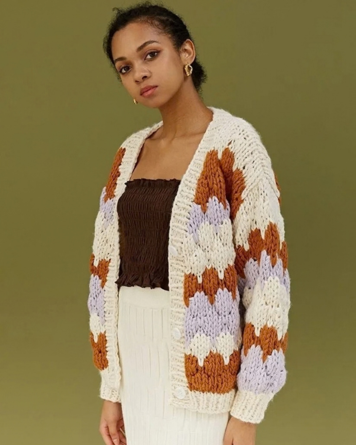 Women's Cream, Rust and Lavender Striped Crochet V-Neck Button Cardigan