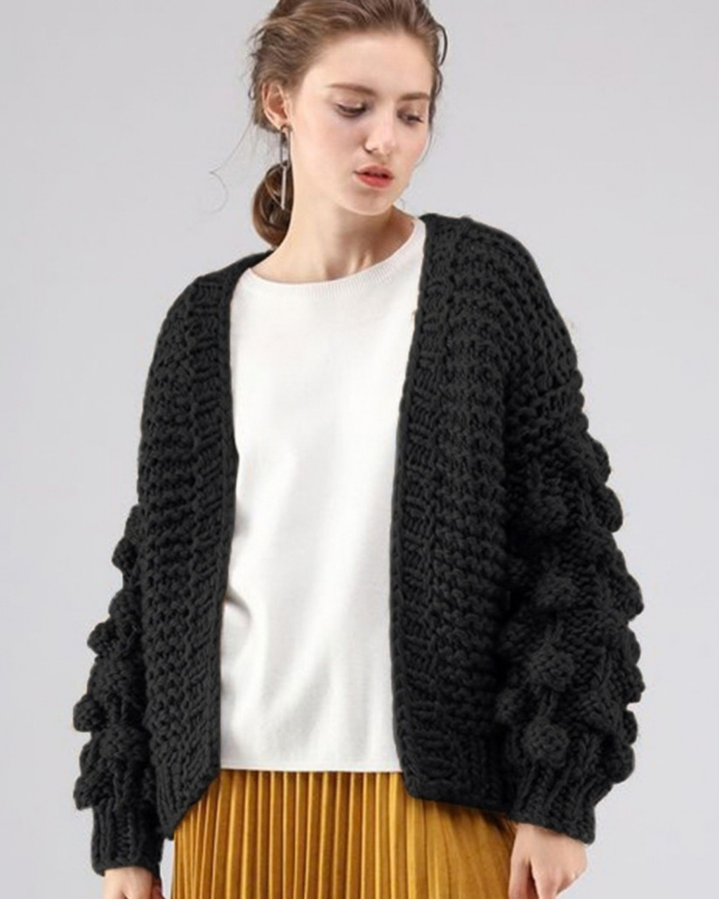 Women's Black Bobble Sleeve Chunky Crochet Cardigan