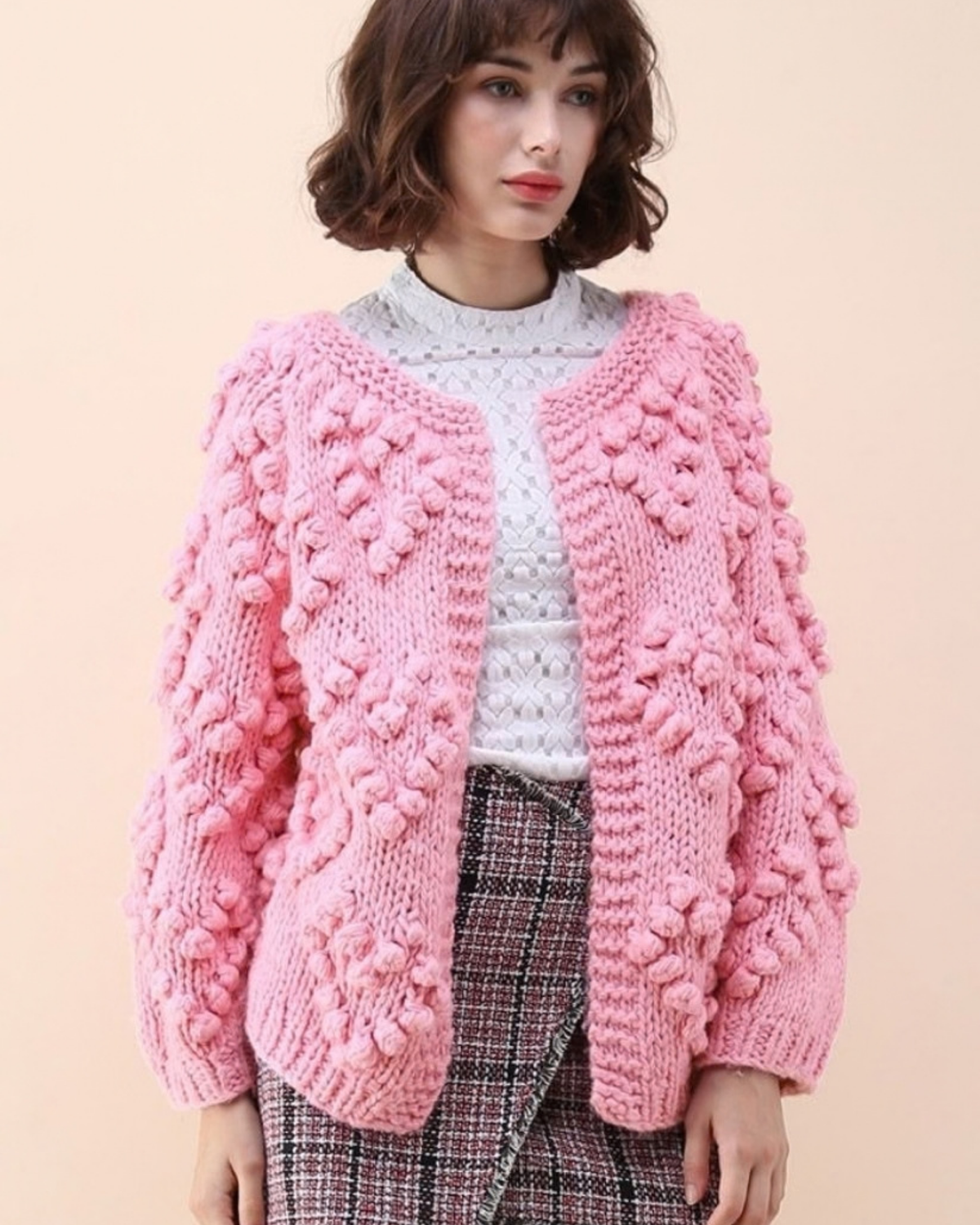 Women's Pink Heart Pattern Bobble Crochet Cardigan