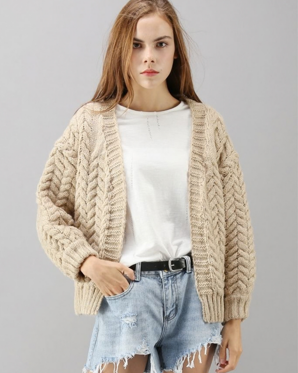 Women's Taupe Cable Crochet Open-Front Cardigan