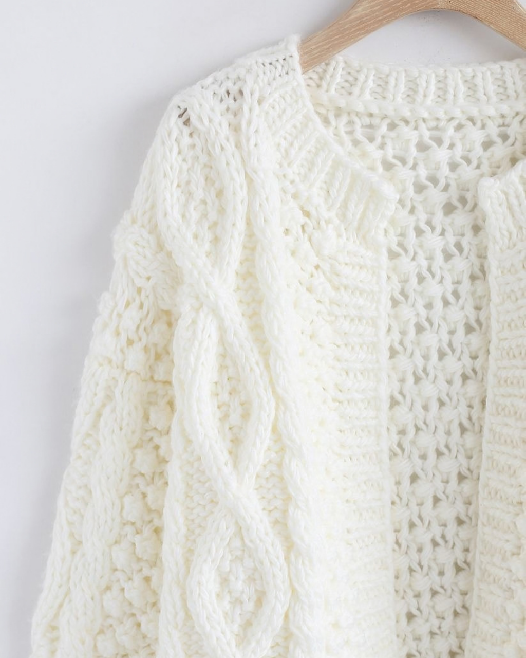 Women's White Cable and Popcorn Crochet Open-Front Cardigan