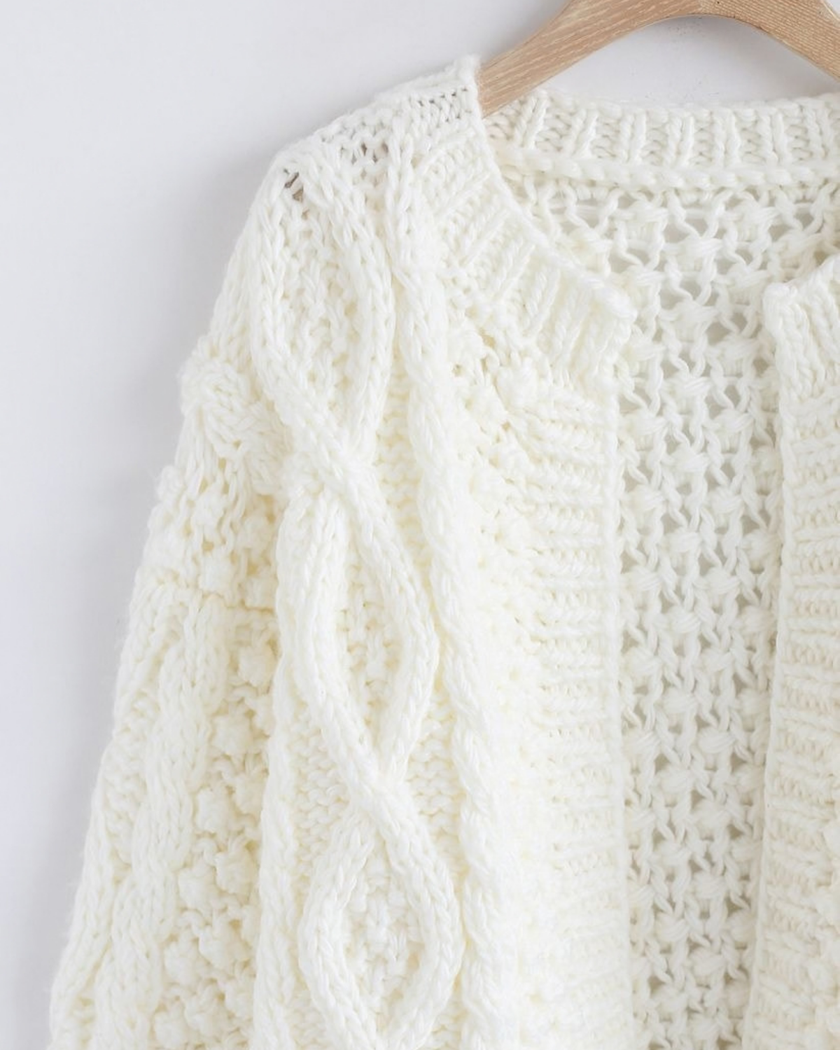 Women's White Cable and Popcorn Crochet Open-Front Cardigan