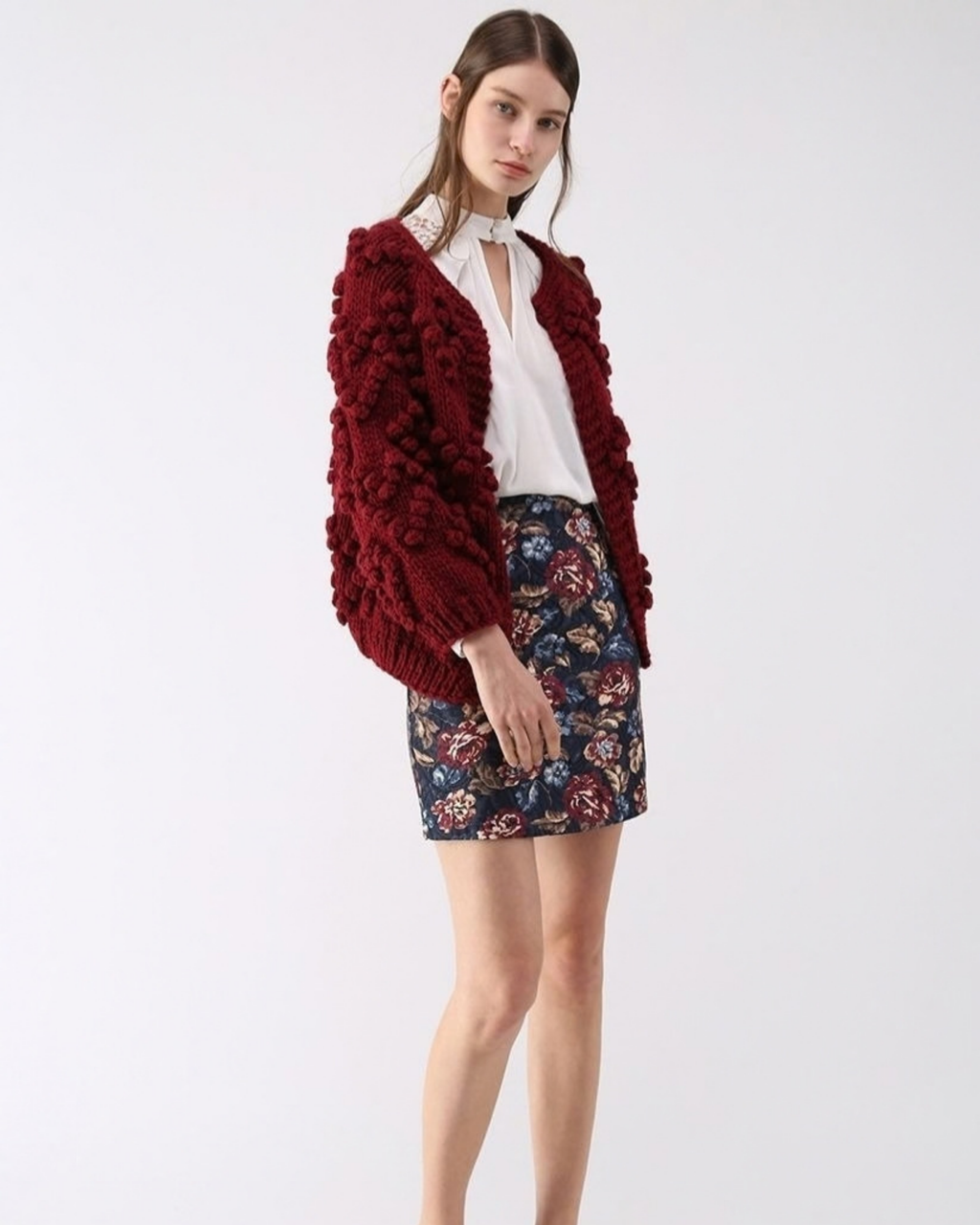 Women's Burgundy Heart Pattern Bobble Crochet Cardigan