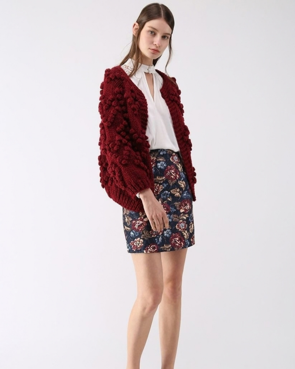 Women's Burgundy Heart Pattern Bobble Crochet Cardigan