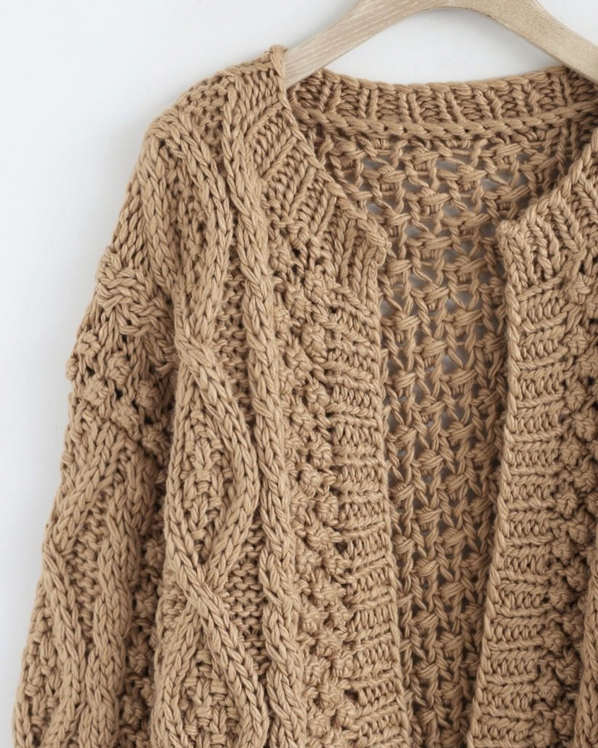 Women's Camel Cable and Popcorn Crochet Open-Front Cardigan