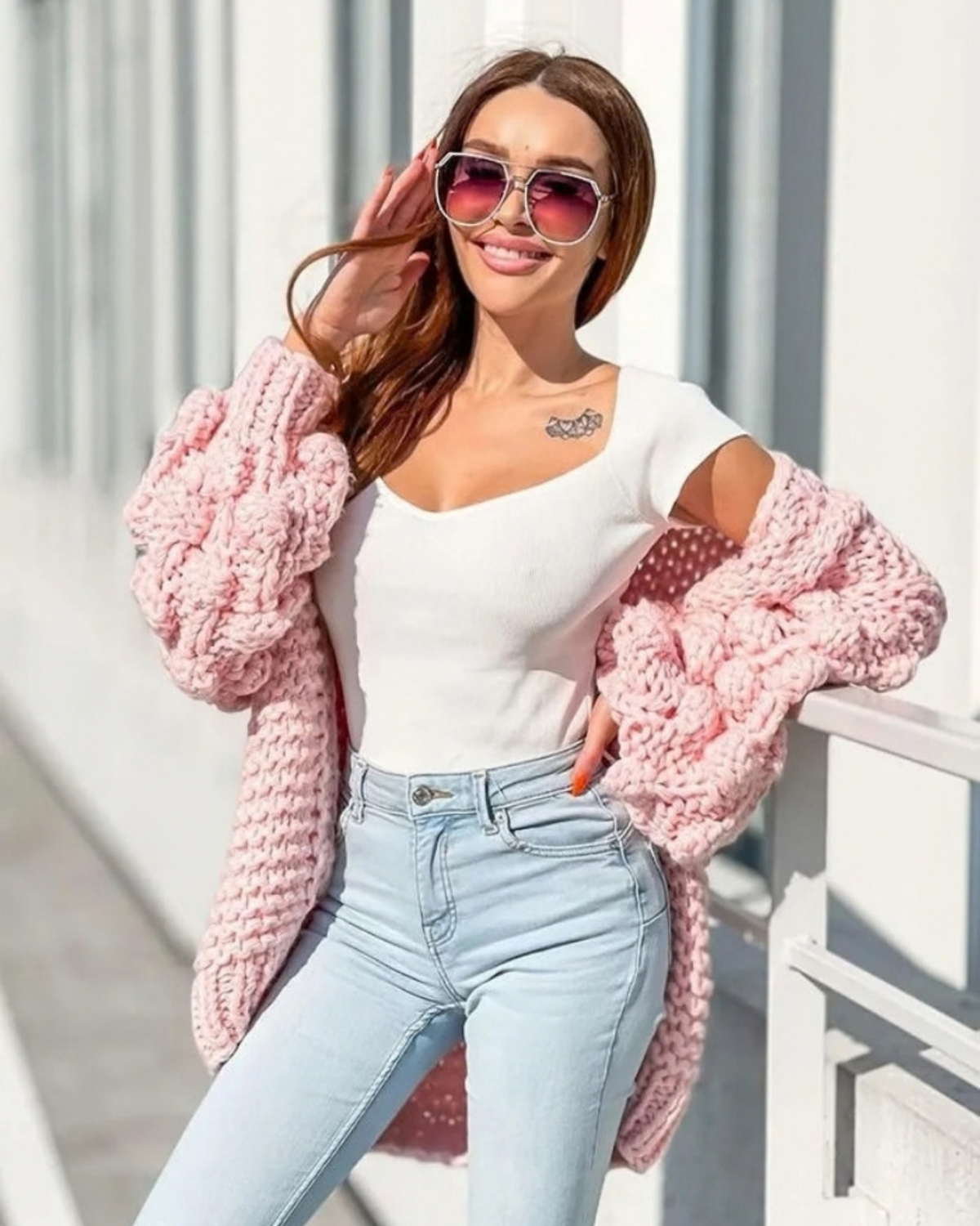 Women's Light Pink Bobble Sleeve Chunky Crochet Cardigan