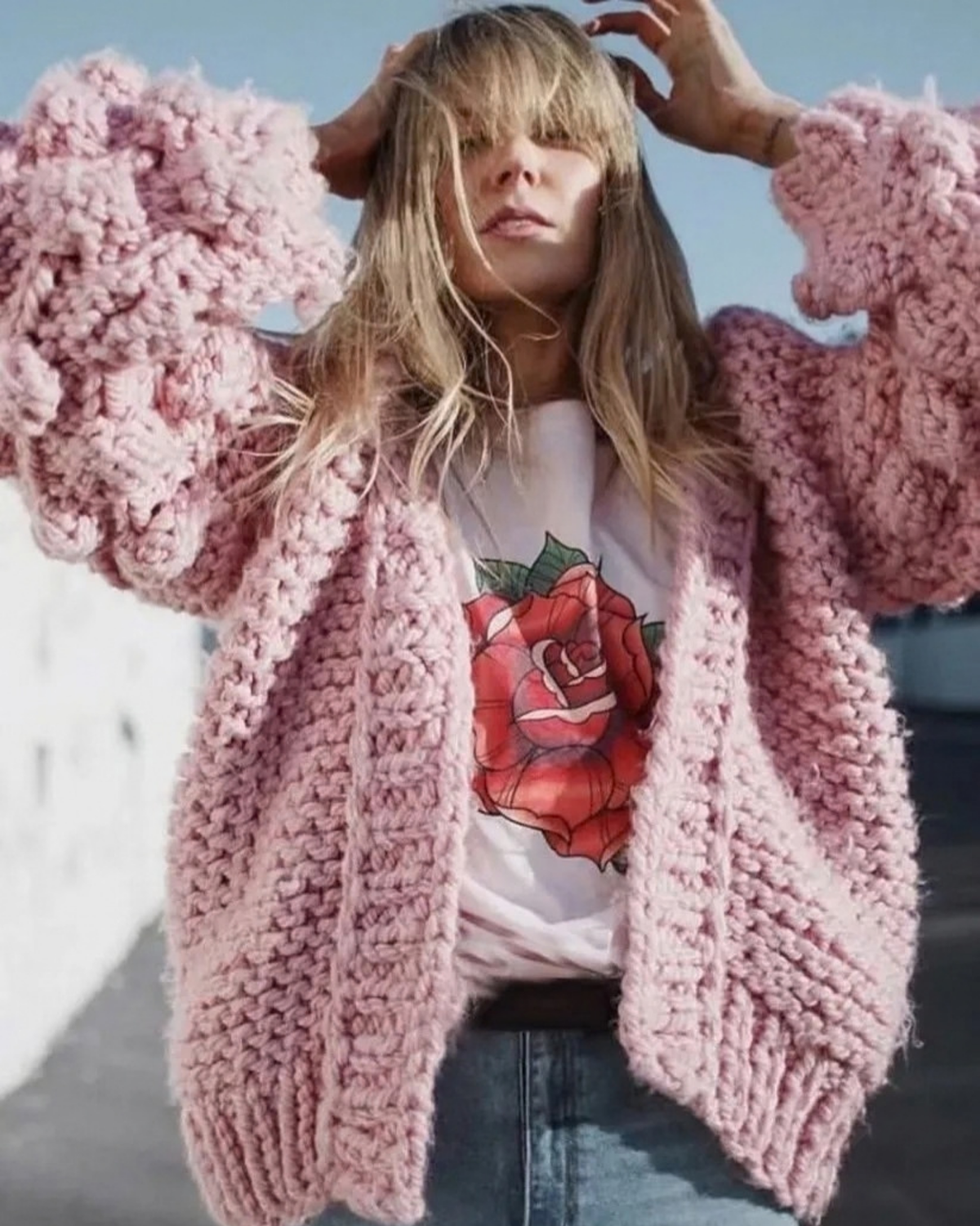 Women's Light Pink Bobble Sleeve Chunky Crochet Cardigan